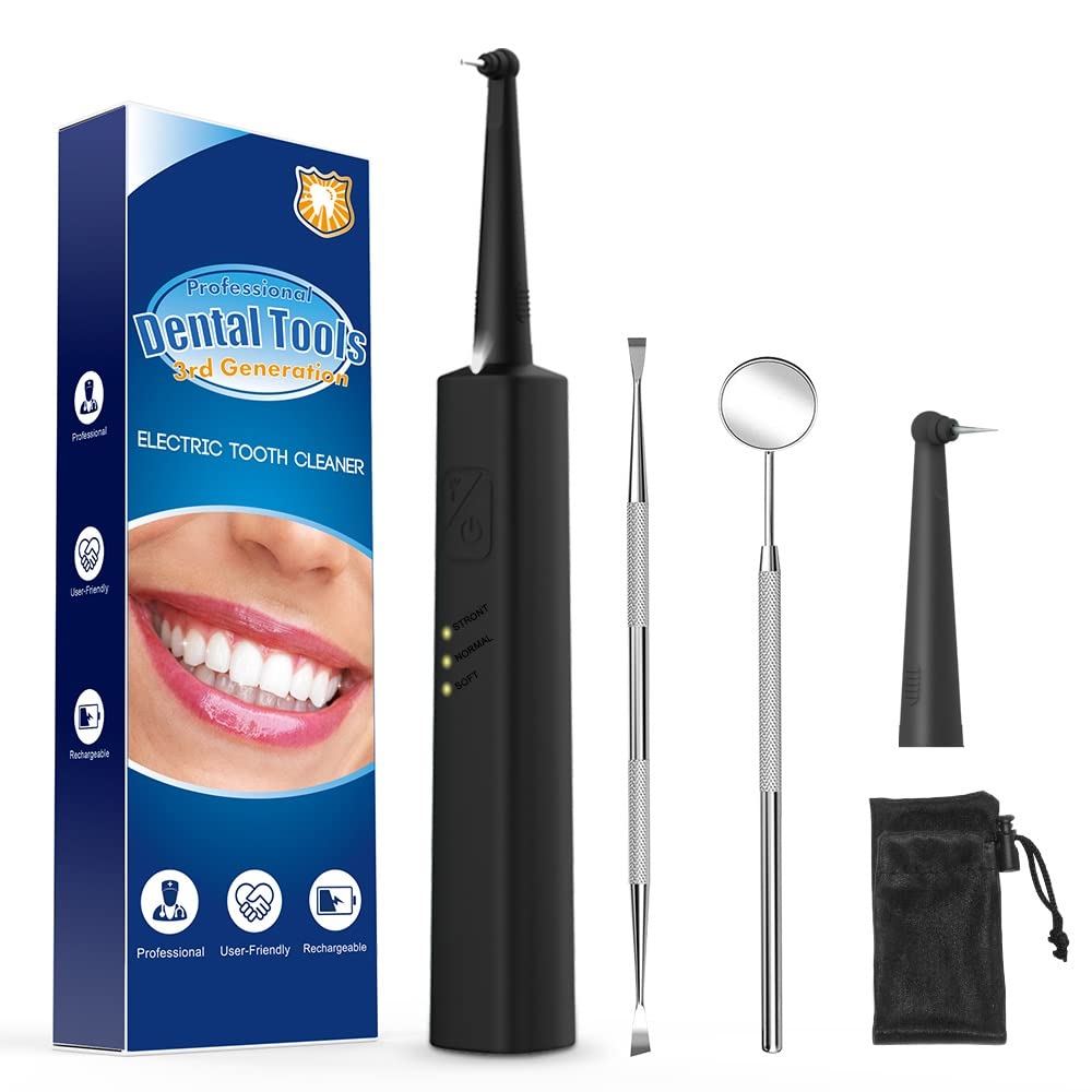 Teeth Cleaning Kit,Tooth Cleaner with 3 Working Modes,No Need Water Flosser,Household Plaque Remover for Teeth Fighting Tartar Tooth 2 Replaceable Heads and LED Light Teeth Stain Remover