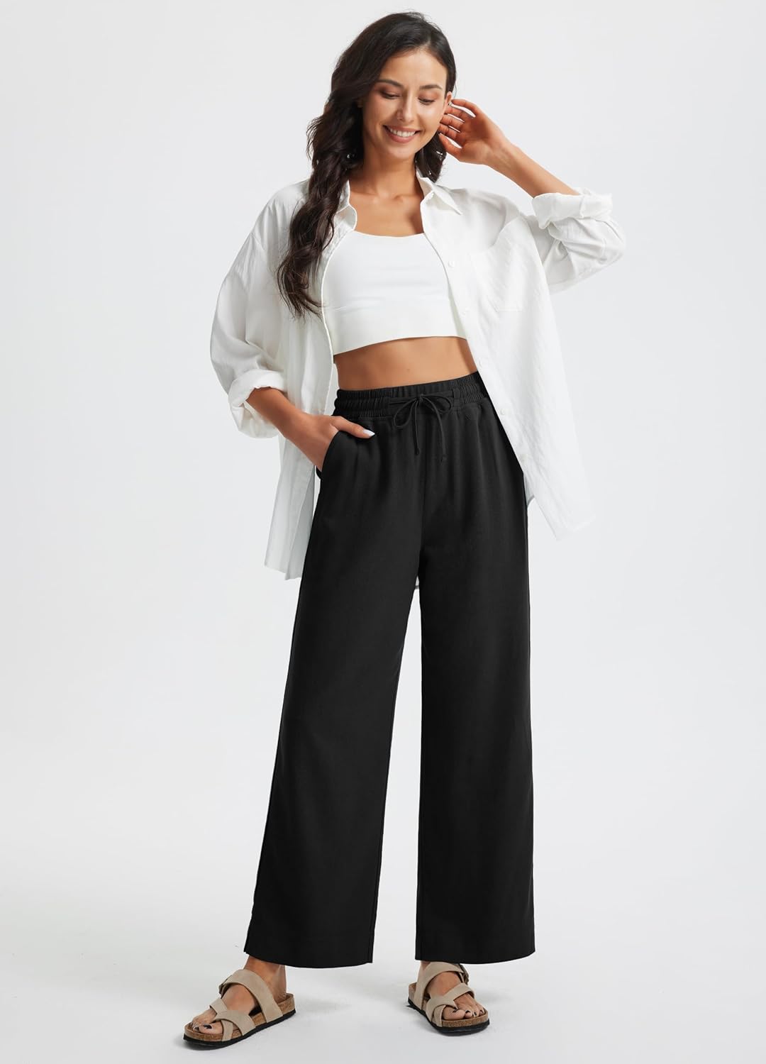 Libin Linen Pants Women Wide Leg Summer Casual Beach Palazzo Pants High Waist Cotton Linen Lounge Travel Work Trousers with Pockets, Black,Medium-New - Image 7
