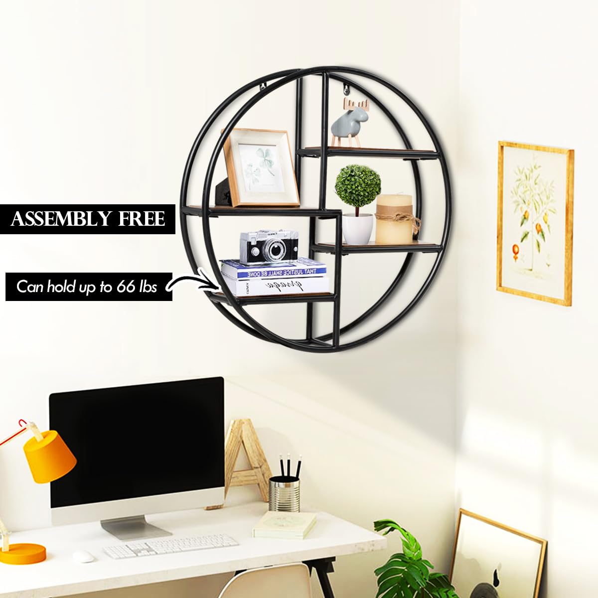 Intimo Living Étagère Murale Ronde 4 Tablettes Bois Et Métal Noir - Style Moderne Géométrique Pour Salon, Chambre Et Cuisine