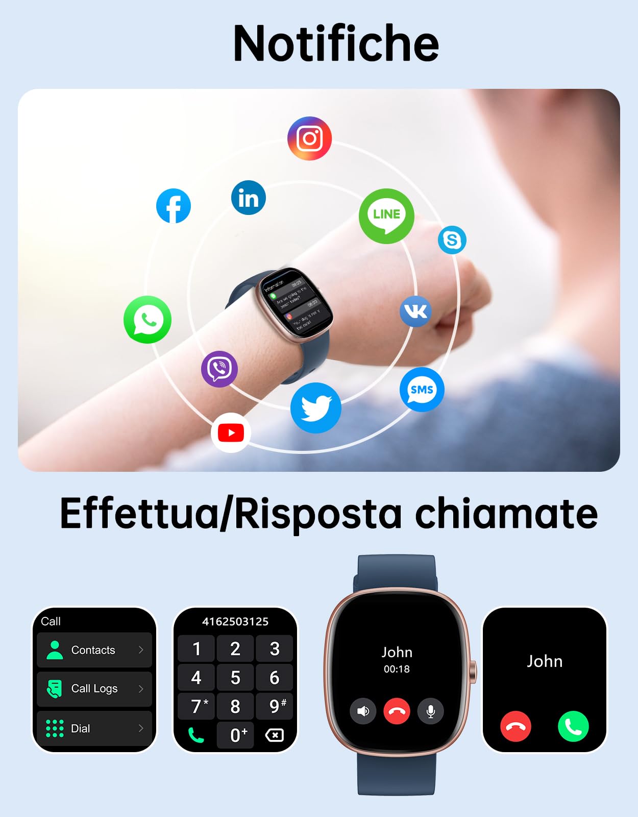 GUIJITUO Smartwatch Uomo Donna Risponde Chiamate Notifiche Messaggi per Android iOS Orologio Sport Contapassi da Polso Frequenza Cardiaca Ossigeno Sangue Activity Tracker per Running Fitness Blu