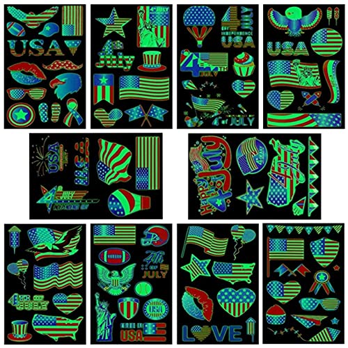 Luminous Patriotic Tattoos Temporary, Masper 10 Sheets 4th Of July Tattoos Independence Day Luminous Temporary Tattoo, A