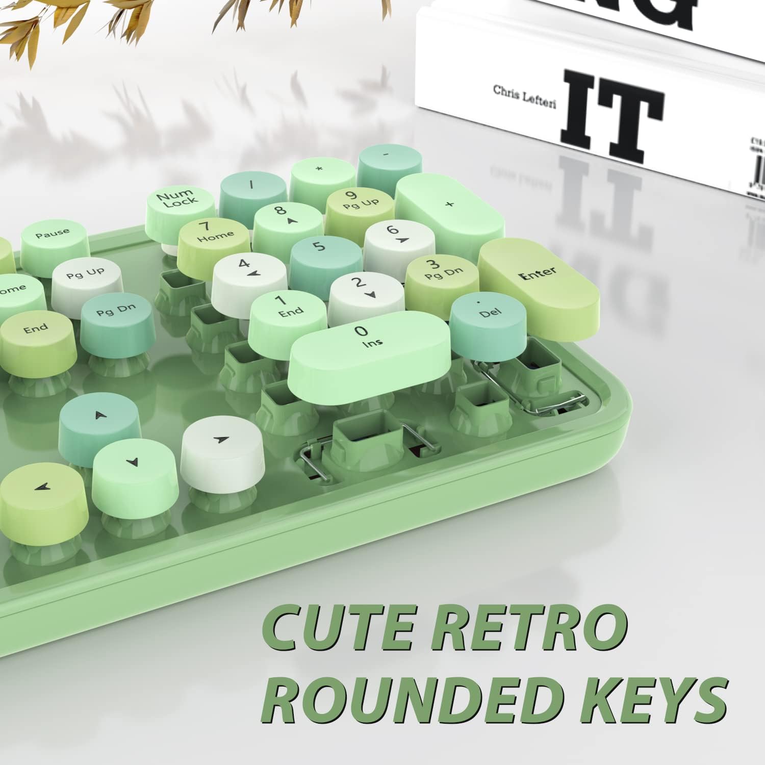 Close-up of the retro rounded keycaps on the keyboard