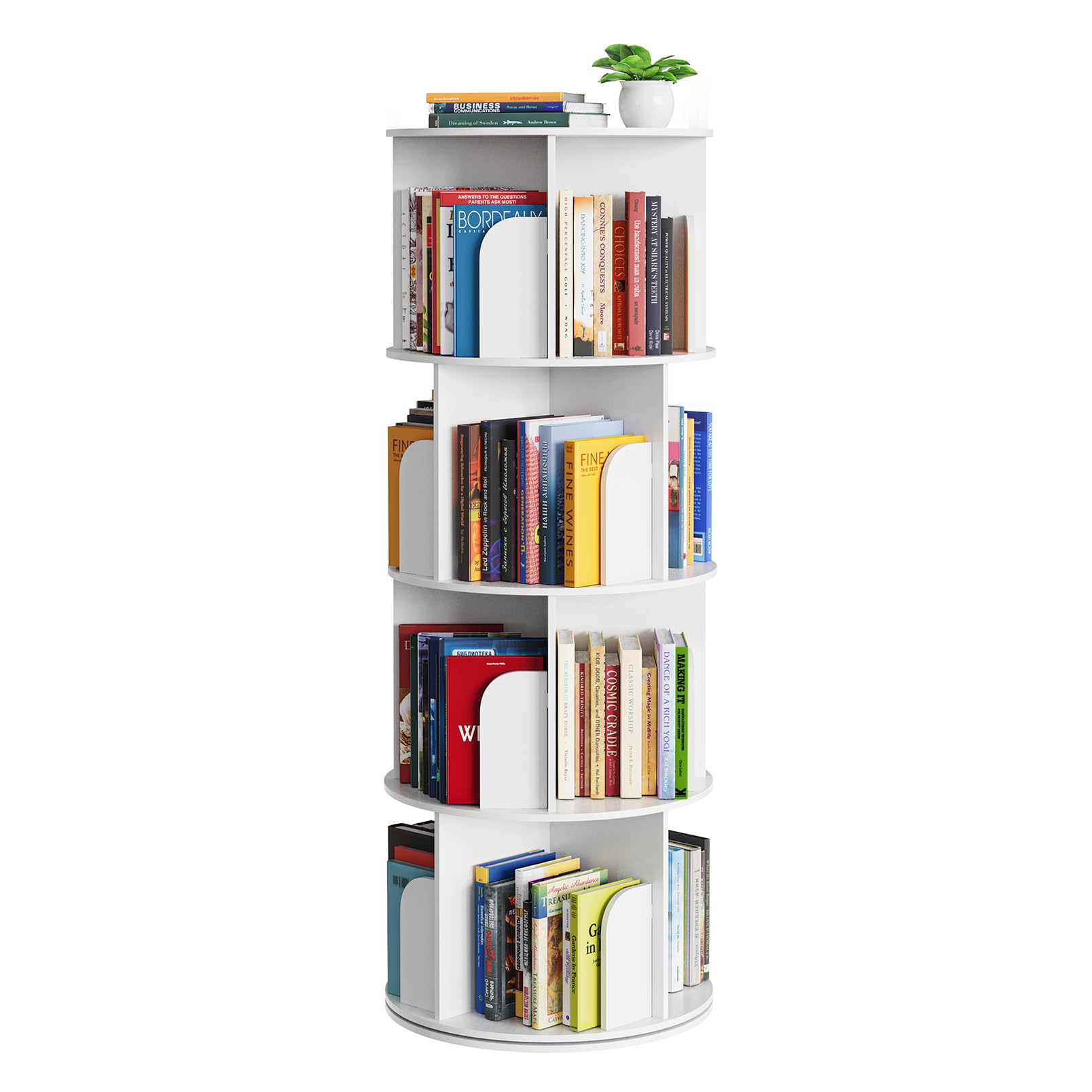 SpaceAid Cross Style 4 Tier Rotating Bookshelf, Spinning 360 Bookcase Lazy Susan Tower, Vertical Revolving Books Shelf Storage Round Carousel Space Saving Organizer, White