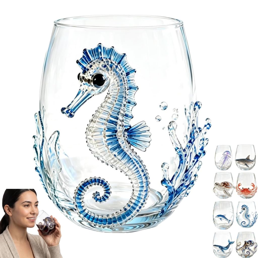 Artisanal Blue Ringed Octopus Glassware,3D Ocean Glass Wine Glass,Seahorse