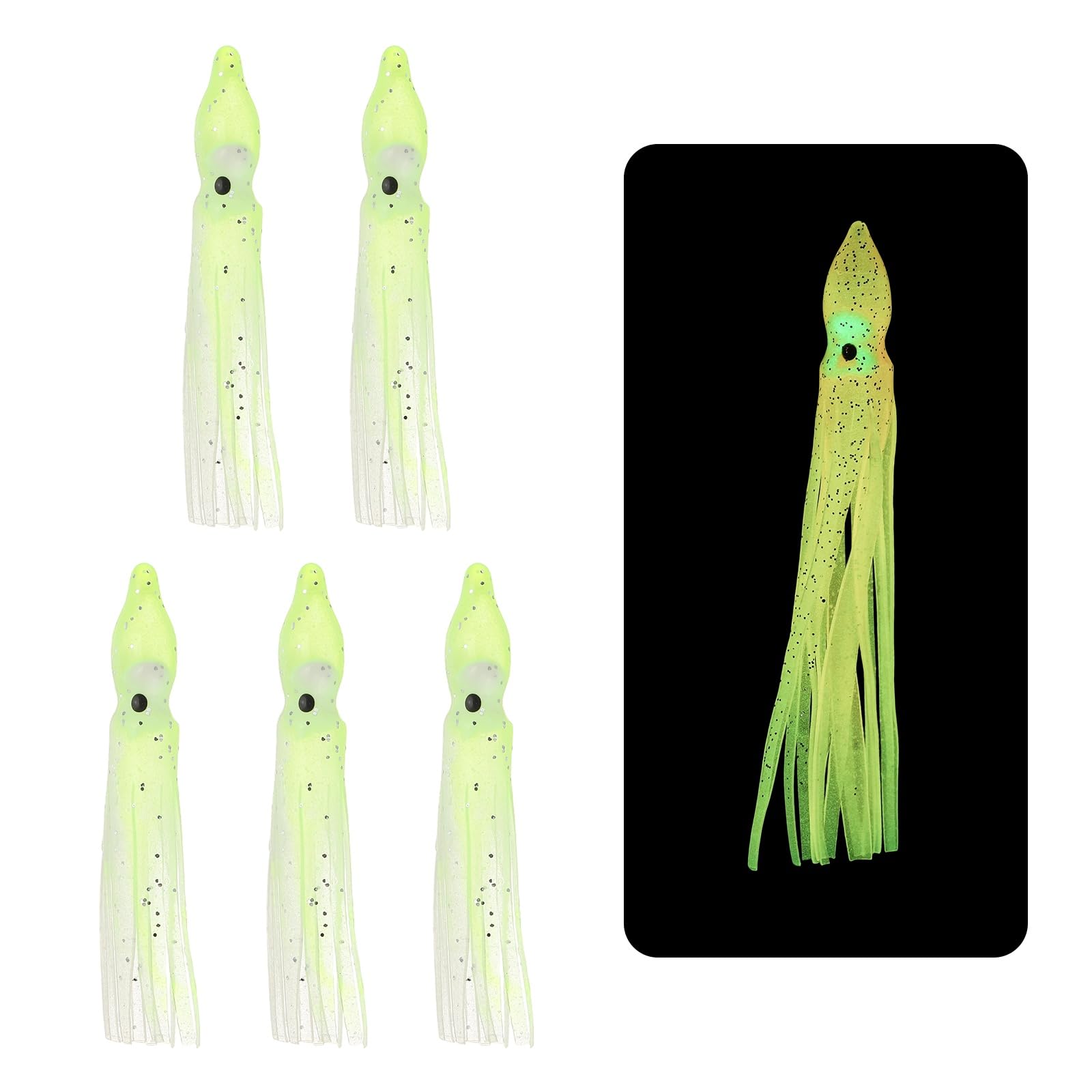 YELARXI Fishing Squid Skirts Glow Soft Plastic Trolling Lures, 5cm/2 Inch Luminous Fit for Bass Trout Salmon Saltwater Fishing Bait (5Pcs, Clear Yellow)