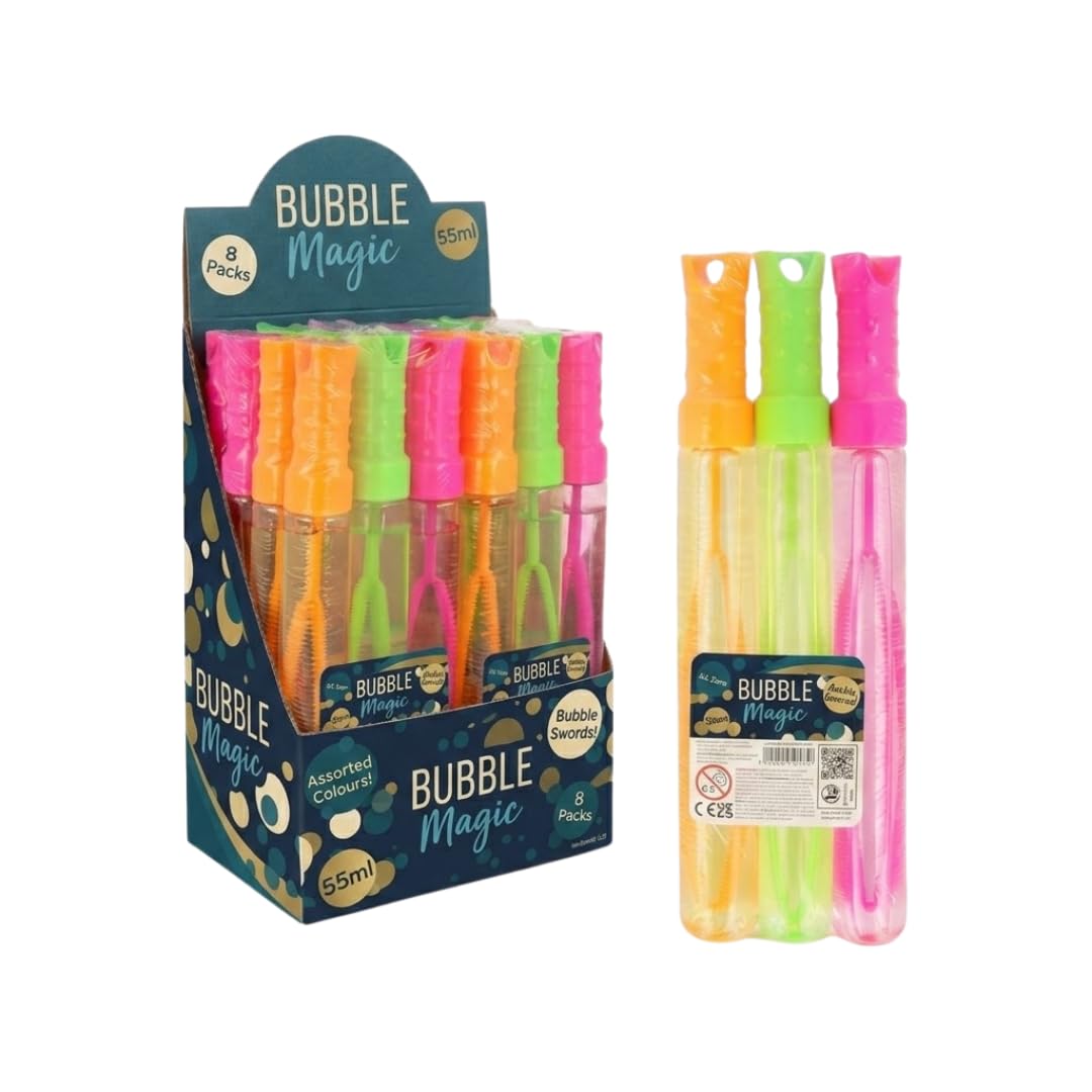 TC TOYS - 24 Pack Bubble Swords Bulk - 8 Sets of 3x55ml Large Bubble Wands in Display Box - Kids Party Bag Fillers, Summer Outdoor Toys, Wedding Favours & Classroom Prizes - Assorted Colours (22.5cm)