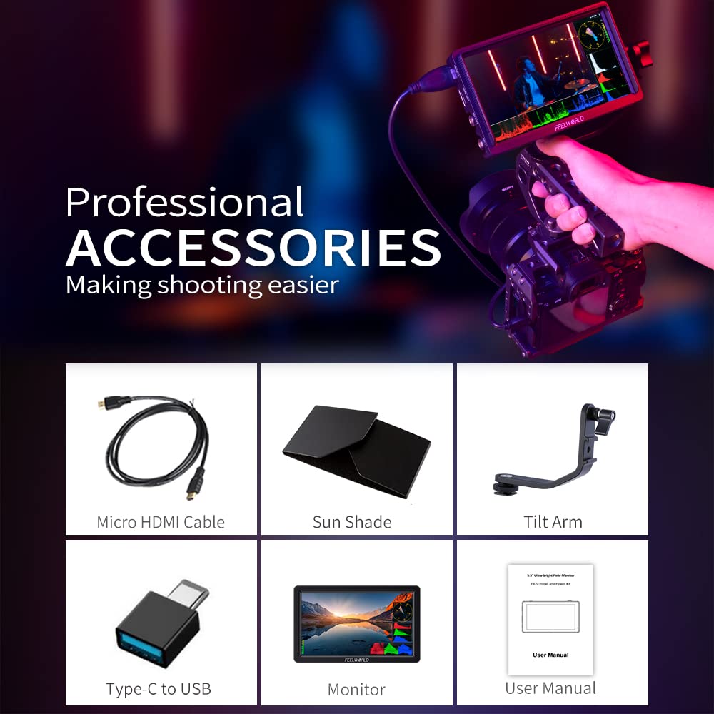 FEELWORLD FW568S Monitor da campo per fotocamere DSLR IPS da 6 pollici Full HD 1920x1080 con forma d'onda LUT Peak F970 Kit di alimentazione e installazione esterna 3G SDI 4K Ingresso HDMI