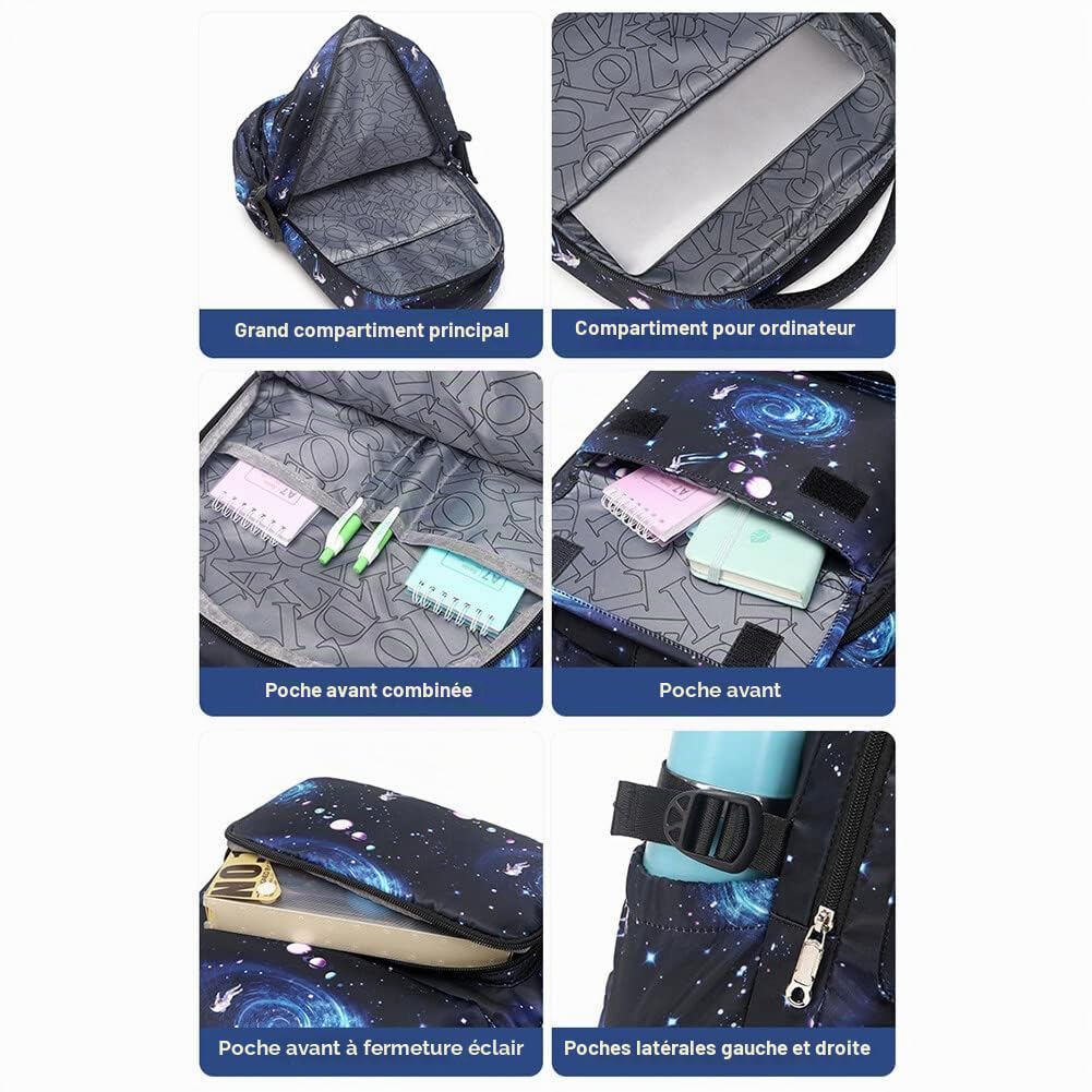 Surakey Cartables Scolaires Garçon, Ensemble de 3 Sacs à Dos + Boîte à Lunch Thermique + Trousse à Crayons, Sac a Dos Enfant Garçon, CM2 CM1 CE2 CE1 CP Sacs Scolaires, Sac à Dos Ciel Étoilé Bleu