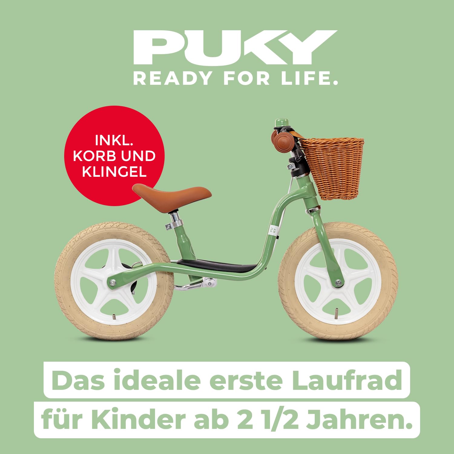 PUKY LR L Classic Retro Green | Lauflernrad 2 1/2 Jahre | Kinder Laufrad mit Bremse | Balance Bike | Ergonomischer Sitz, Sicherheitslenkergriffe & Lenkerpolster | Höhenverstellbarer Sattel & Lenker