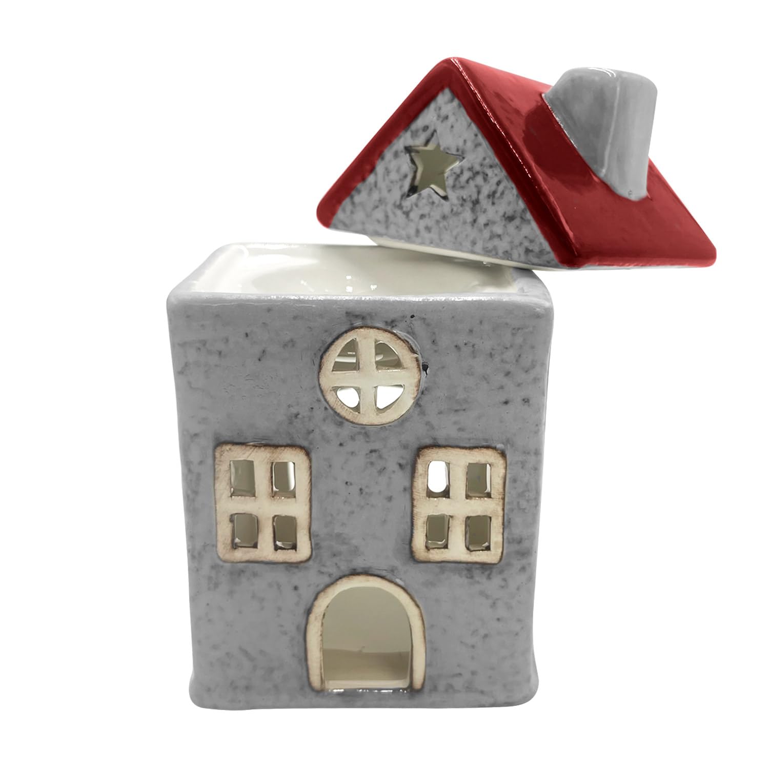 Cello Star Cottage Burner - Red Ceramic House Scented Wax Melt Fragrance Oil Burner Tealight Decorative Holder Aroma Lamp Present Home Gift for Christmas