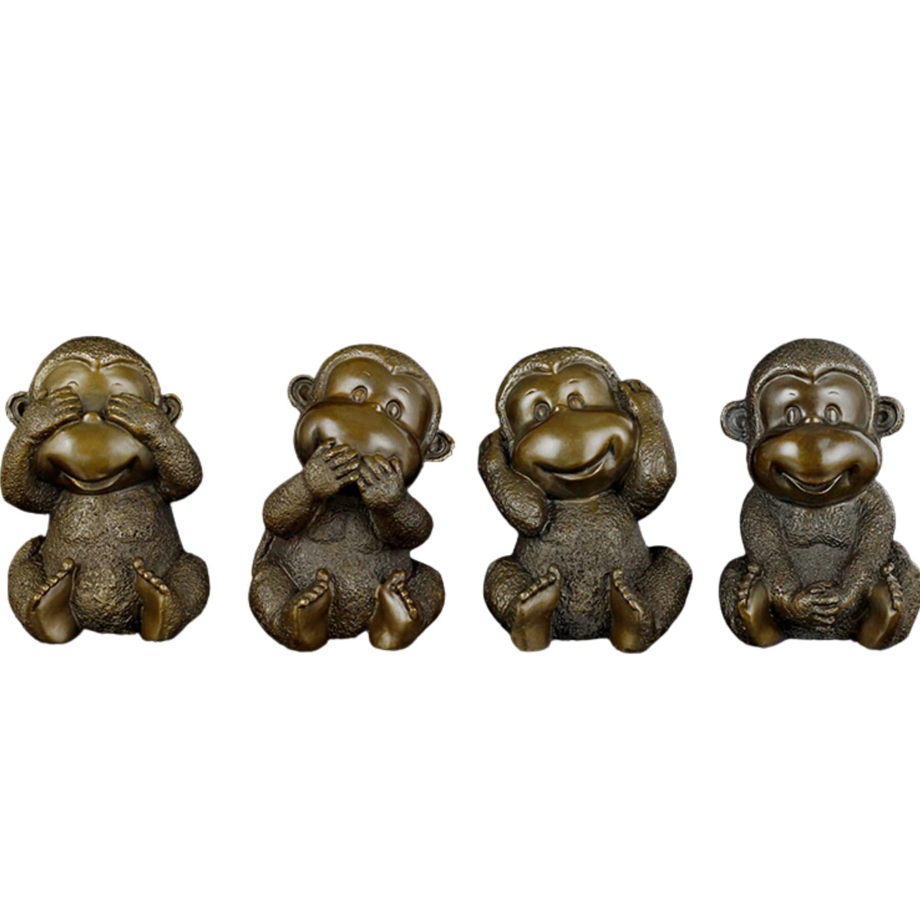 Zestaw rzeźby z brązu cztery mądre małpy – 'Hear No Evil, See No Evil, Speak No Evil' figurki artystyczne z litego mosiądzu, ręcznie robione mini posągi zwierząt