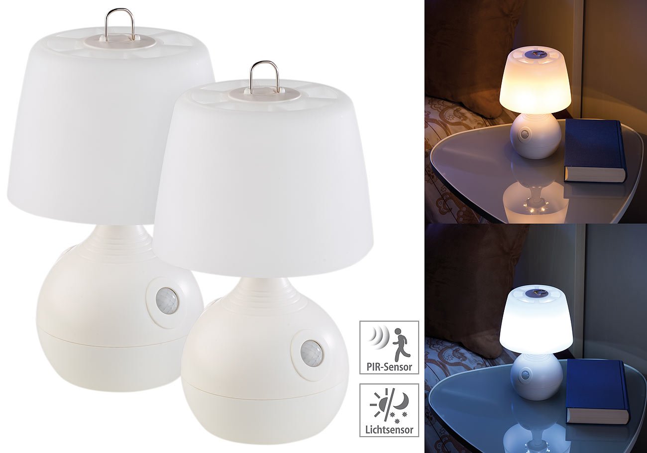 Lunartec Nachttischlampe kabellos: 2er-Set LED-Tischlampe, PIR- & Licht-Sensor, warm- & tageslichtweiß (LED Nachttischlampe kabellos, mit Sensor, Kinder)