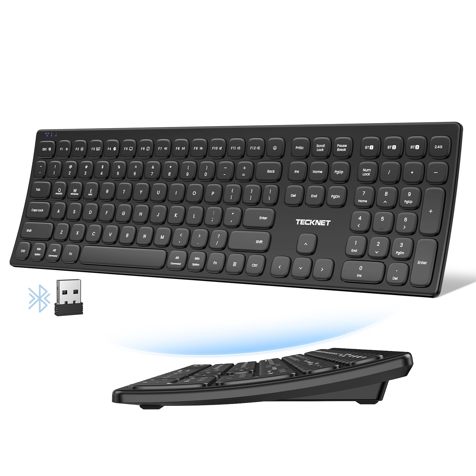 Photo 1 of TECKNET Bluetooth Wireless Rechargeable Keyboard, Multi Device Free Switching (BT5.0+2.4G+Wired), Quiet Typing, Ultra-Slim Full Size with Numpad for Mac/Windows/Android/Desktop/PC, Stable Connection