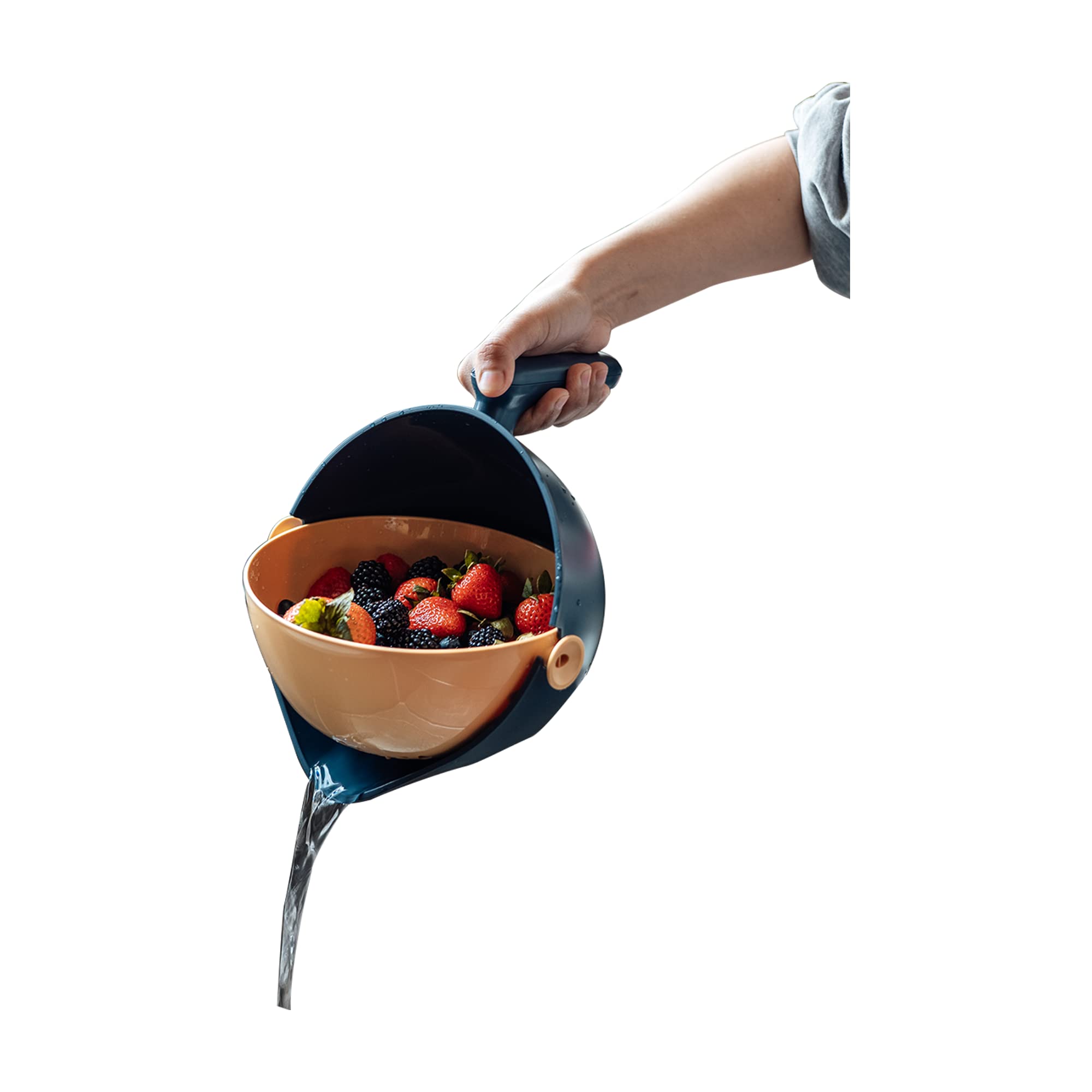Ciotola e colino rotante per alimenti 2 in 1, a doppio strato, con manico per scolare pasta, frutta, verdura, cestino in plastica per alimenti (blu)