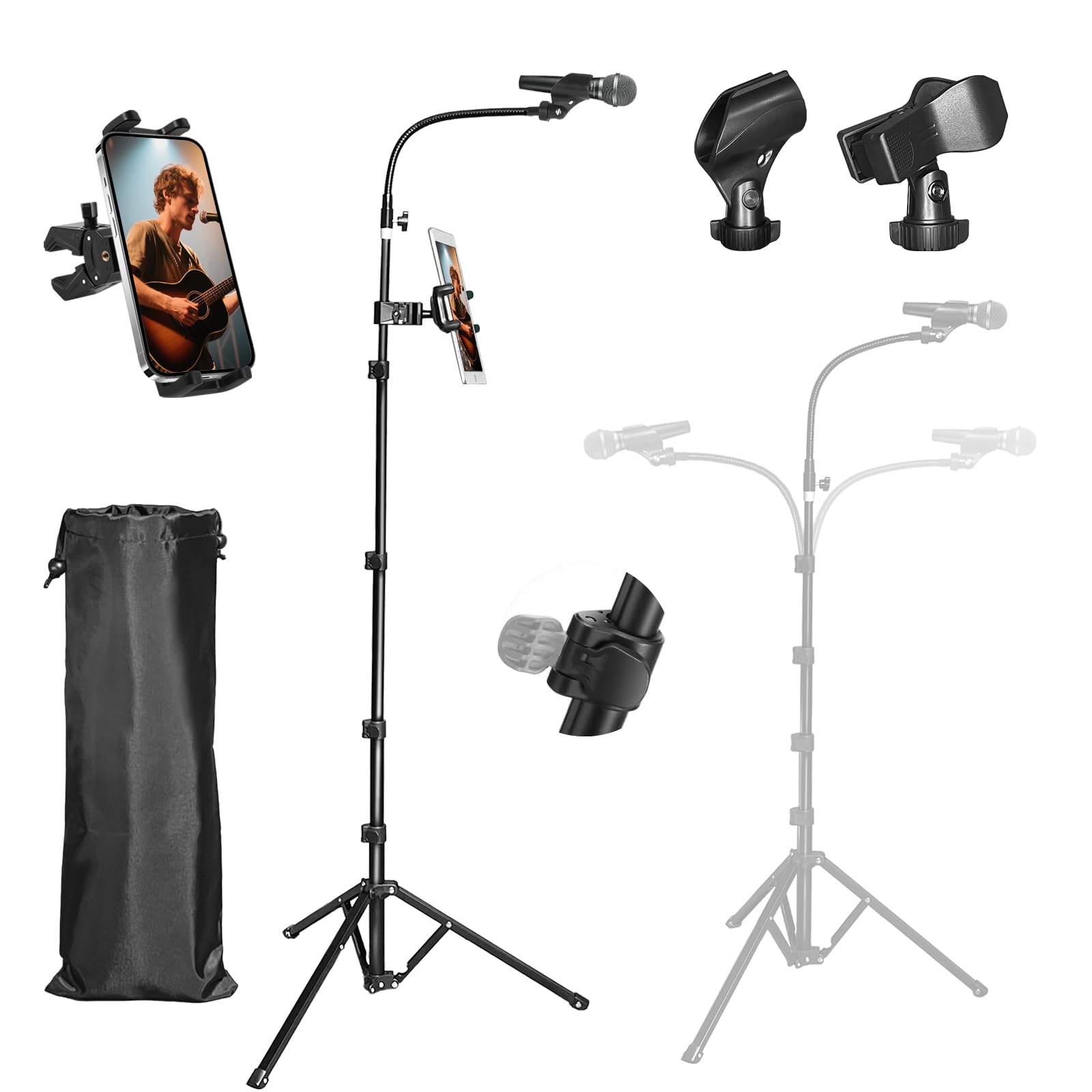 2-in-1 faltbarer Mikrofon- und iPad-Stativ mit Handy-/Tablet-Halterung, 203,3 cm hoch, höhenverstellbarer Mikrofonständer, Galgen, für Singen, Performance, Karaoke, Sprache, Bühne und Outdoor