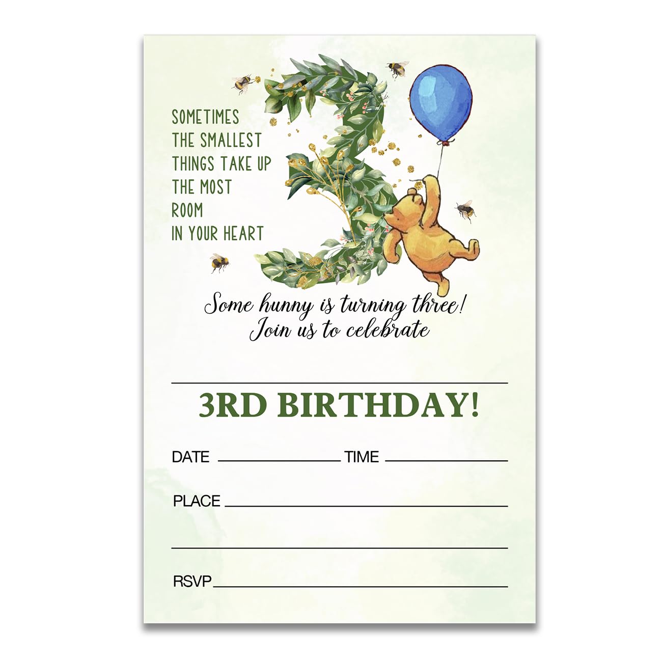 Dolimifa Winnie the Pooh 3rd Birthday Invitations, 20 Count With Envelopes, Green, Whimsical, 6 x 4 inch, Perfect for Family and Friends Birthdays