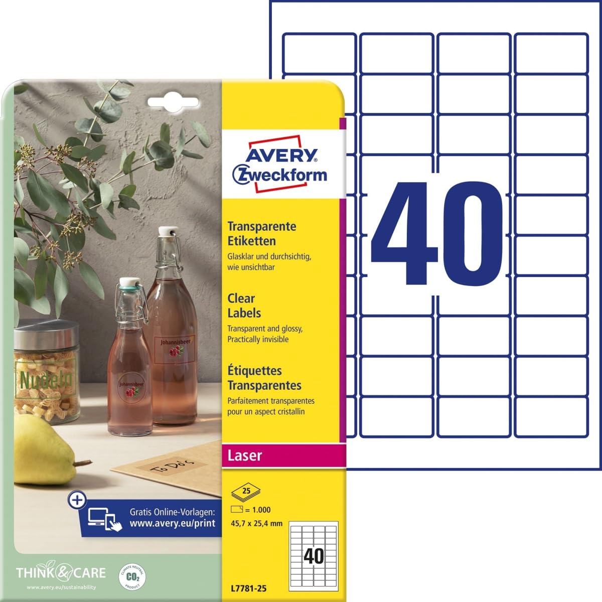 AVERY Zweckform L7781-25 transparente Etiketten (1.000 Klebeetiketten, 45,7x25,4mm auf A4, selbstklebend, Aufkleber zum Bedrucken, wetterfest, Beschriftungen/Produktaufkleber) 25 Blatt, durchsichtig