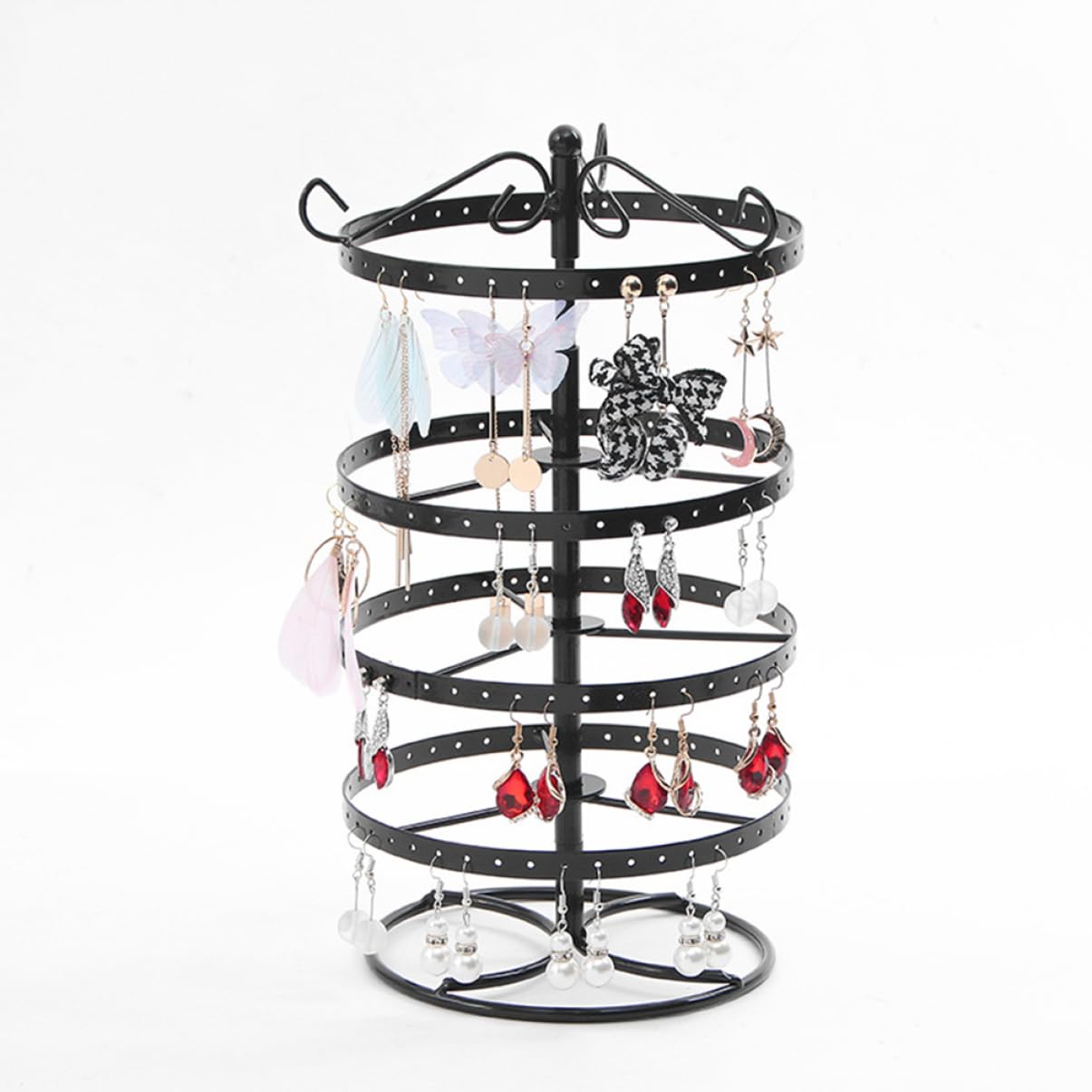 Healvian Espositore Orecchini in Metallo Rotante 4 Livelli 168 Fori Nero | 1 Pezzo, Struttura in Ferro, Uso Casa e Negozi, Semplice ed Elegante, Organizzazione Gioielli