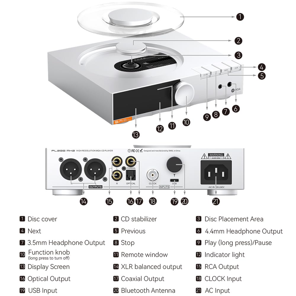 SMSL PL200 MK2 All-in-One lettore CD DAC amplificatore per cuffie, ES9039Q2M Desktop HiFi Audio