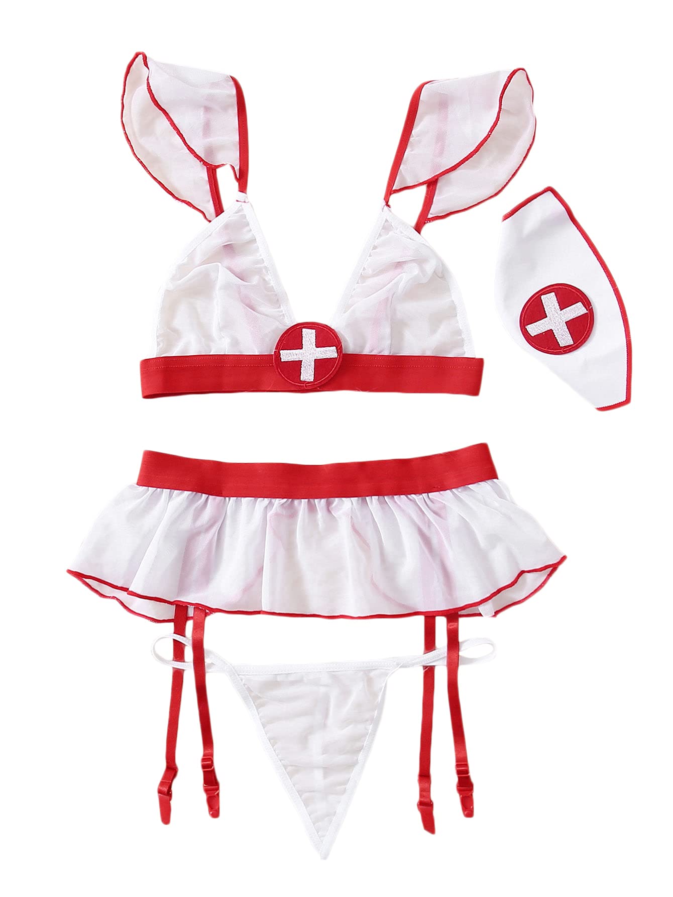 SheIn Women's 4packs Ruffle Hem Sleeveless Lingerie Nurse Costume Set - Small Multicolored