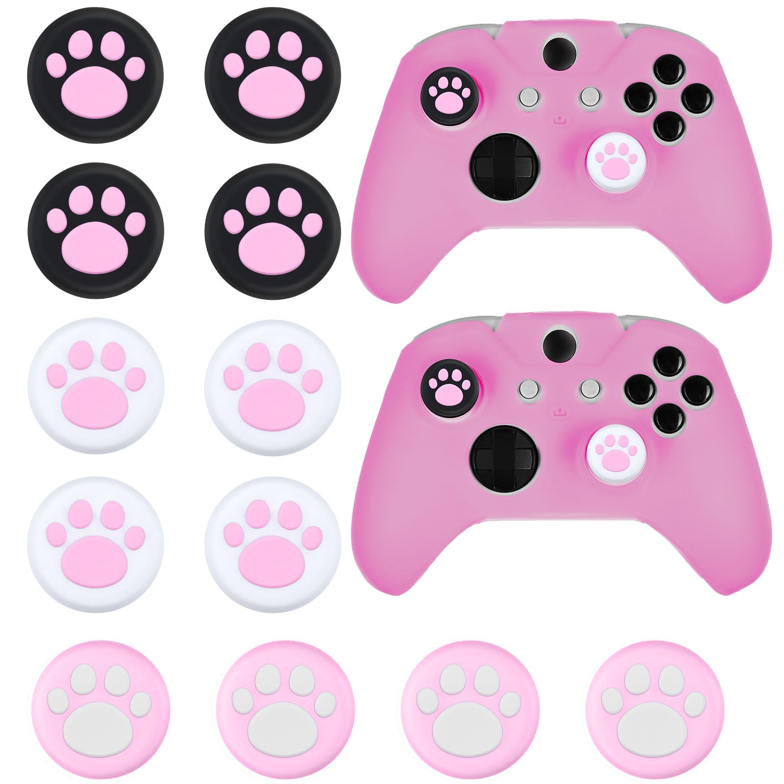 14 Pieces Controller Skins Anti-Slip Accessories Set Silicone Cover Protector Case Compatible with Xbox One/S/X Controller Wireless/Wired Gamepad Joystick with 12 Cat Paw Thumb Grips