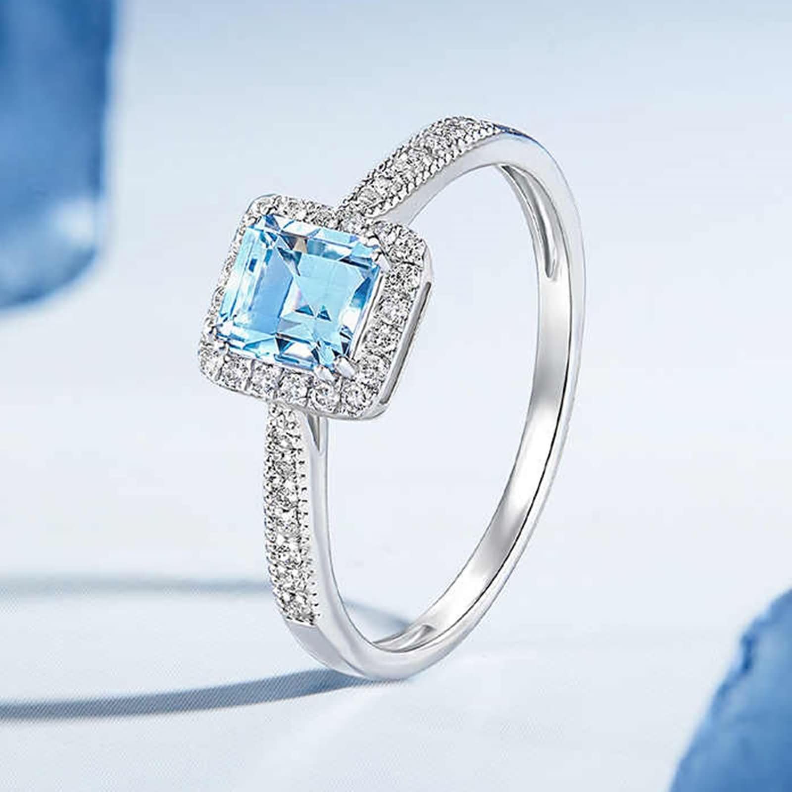 Obrączki ślubne dla kobiet 750 9K / 14K / 18K / 18K, akwamaryn kwadratowy 0,6 ct i 0,16-karatowy diament, pierścionki ślubne damskie jasnosrebrny niebieski