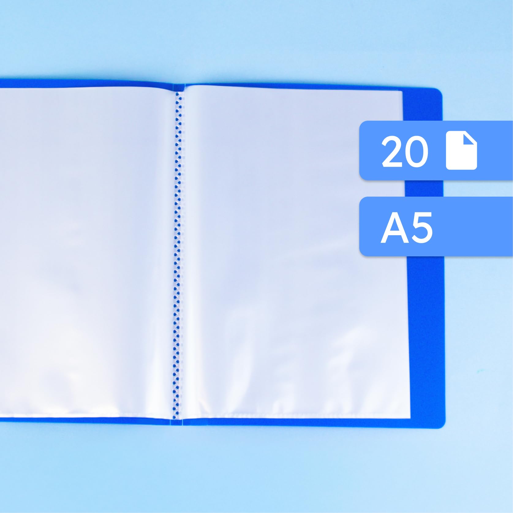 RAYLU PAPER - Carpeta con Fundas Transparentes Tamaño A5, Hecha de Polipropileno 100% Biodegradable, 20 Fundas Transparentes para Documentos en Casa y Oficina (A5, 20 fundas, Azul)