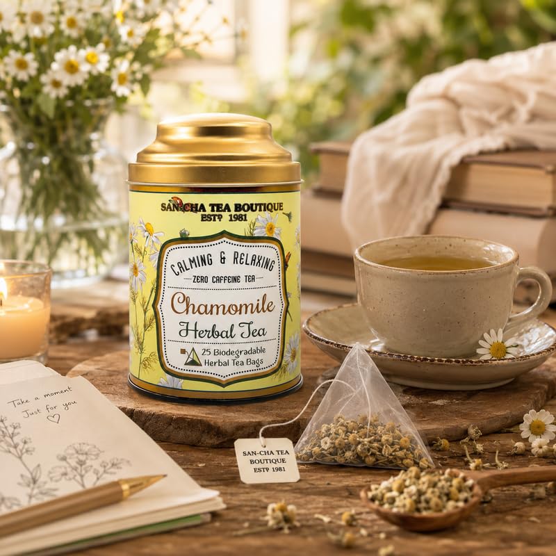Image of Sancha Tea Boutique Chamomile Herbal Infusion | 25 Pyramid Tea Bags | 100% Caffeine-Free | Single-Origin India | Bedtime & Relaxation Tea | No Artificial Flavours | Elegant Tin Caddy