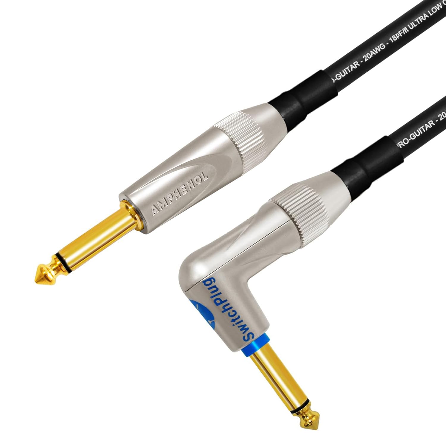 WBC-PRO-Guitarra de 25 pies – 20 AWG – Baja tapa (18pF/ft) – Grado profesional – a base de grafito – Cable de instrumento de guitarra de doble blindaje con Amphenol recto – en ángulo (silencioso) ¼