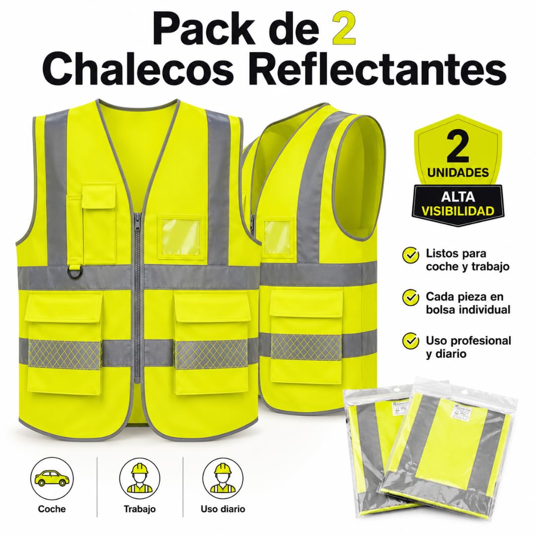 Chaleco Reflectante con Bolsillos y Cremallera Pack 2 Unidades | Chaleco Reflectante Homologado DGT Alta Visibilidad ISO 20471 | Chaleco Seguridad Trabajo Coche Moto Bicicleta Talla L Universal