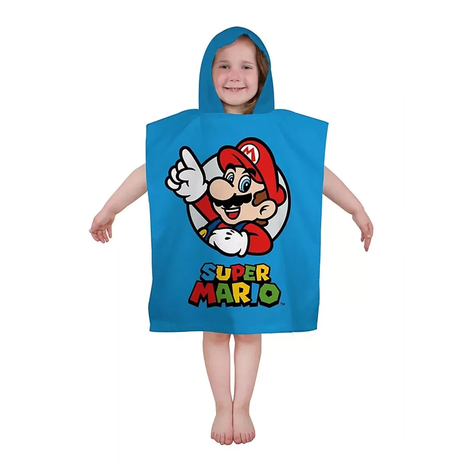 Character World Blue Official Nintendo Super Mario Hooded Towel Poncho Soft, Double-Sided Design With Mario & Luigi | Kids Changing Robe For Bath, Beach & Home | 50Cm X 115Cm