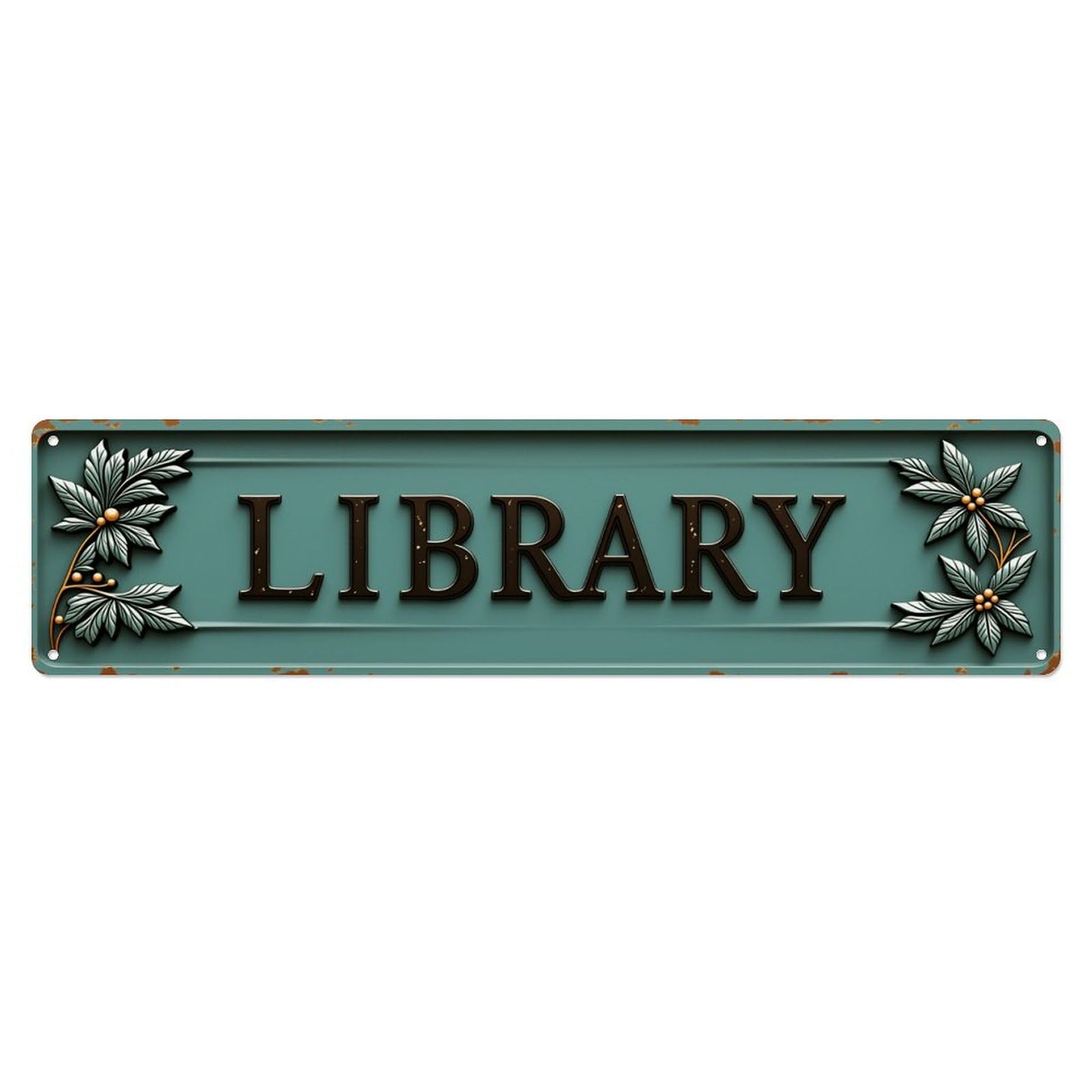 Vintage Library Floral Worn Long Door Tin Sign Vintage Aluminium Metal Sign, Retro Wall Decor for Home, Bar, Garage & Farmhouse 10 * 40cm