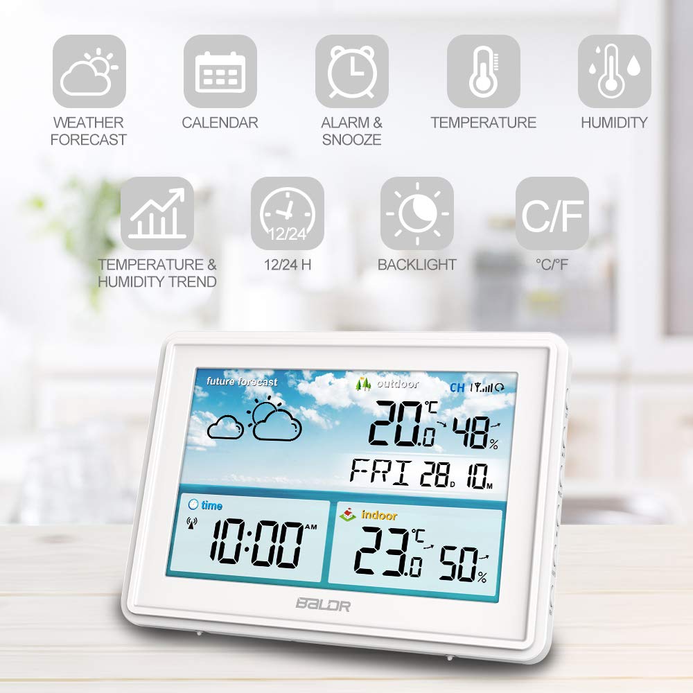 BALDR Wetterstation Innen und Außentemperatur Funk mit Wettervorhersage – Thermometer Innen und Außentemperatur Funk mit Wettervorhersage - Hygrometer Feuchtigkeit Digital mit Außensensor - Weiß