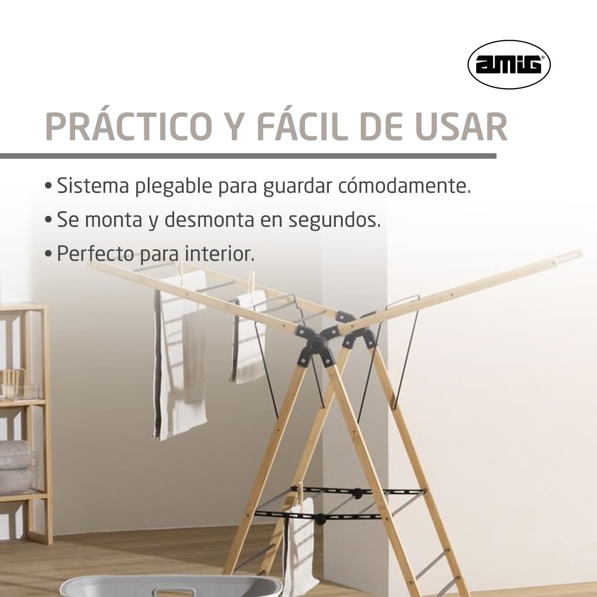 Amig - Tendedero con Alas Plegables Mod. Aeria Naturdry - Acero Epoxi y Bambú - Fácil Montaje y Plegado - 13 m de Espacio de Secado - Medidas 137 x 62 x 92 cm - Color Negro/Bambú