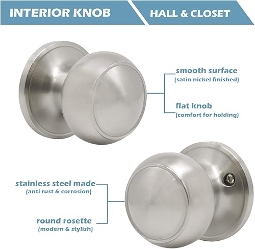 Miniatura 5 de Gobrico Cerradura de puerta de paso de acero inoxidable níquel satinado interior sin llave redonda perilla de puerta cerrada, 1 paquete