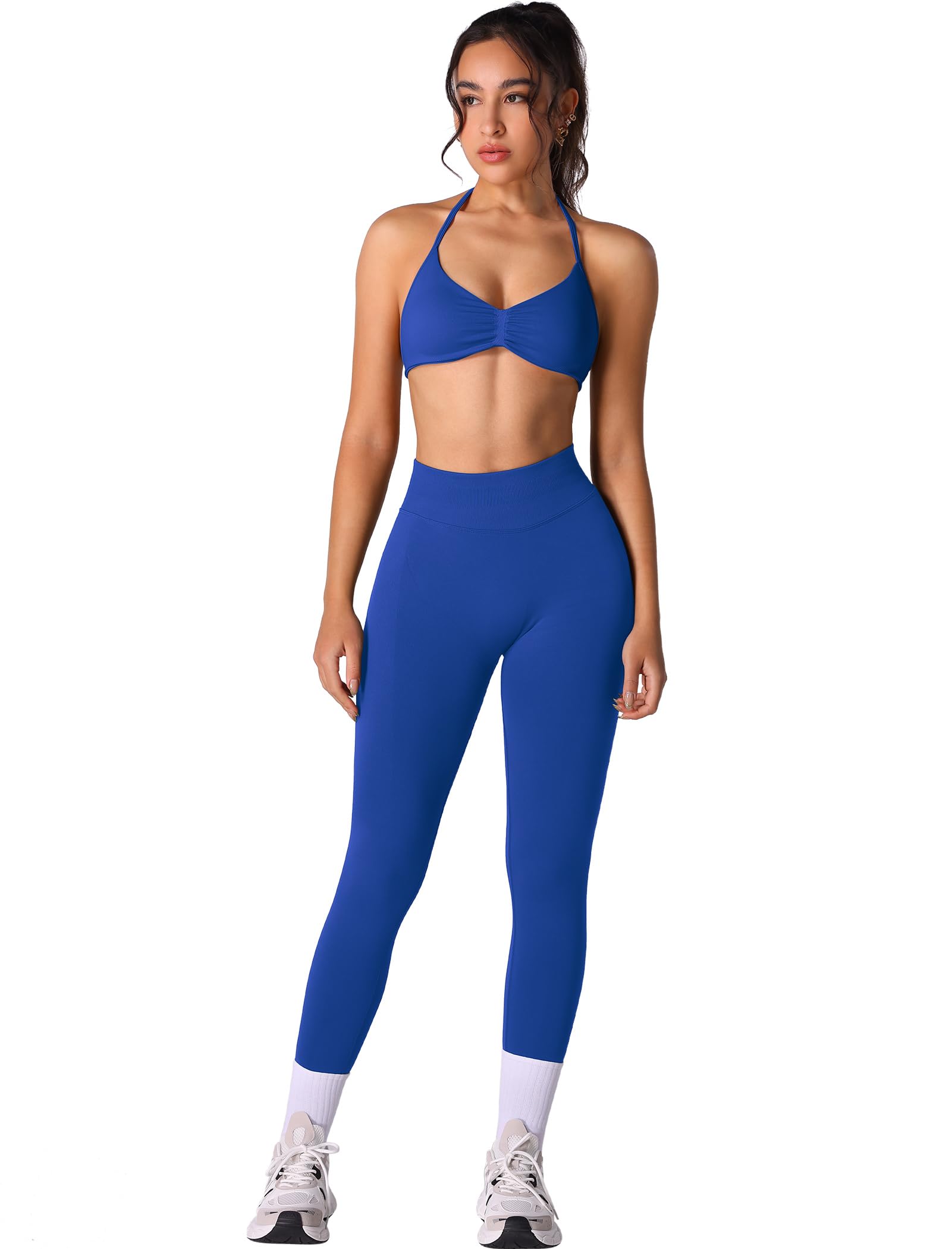 Odizli Set sportivo da donna con allacciatura al collo, reggiseno senza schiena + leggings a vita alta, set sportivo, fitness, palestra, yoga