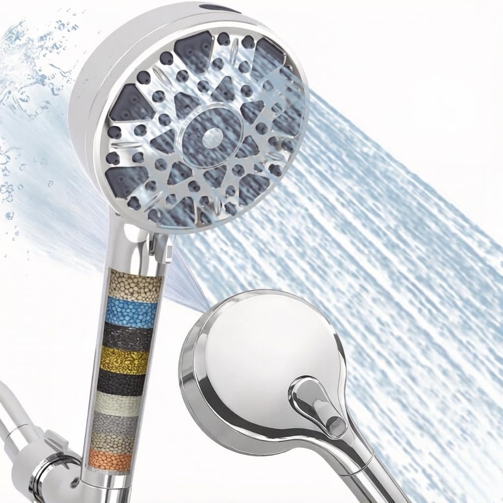 Regadera de mano cromada con filtro de agua dura 4.9 pulgadas 7 ajustes