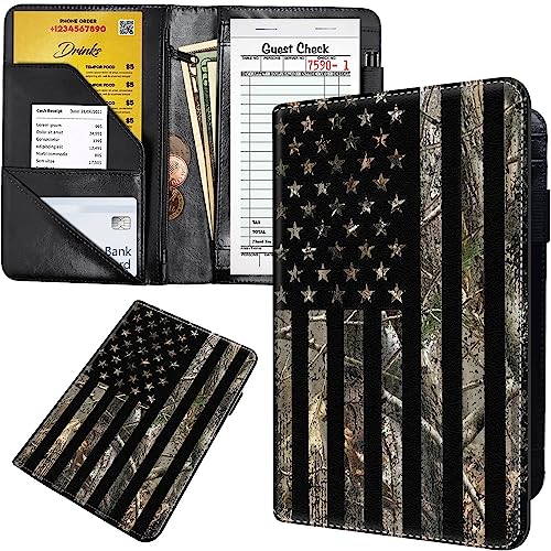 Qindaiwen Server Book Organizer with Zipper Pocket, PU Leather Restaurant Guest Check Presenters Card Holder for Bartender Waitress Waiter, Flag Camouflage