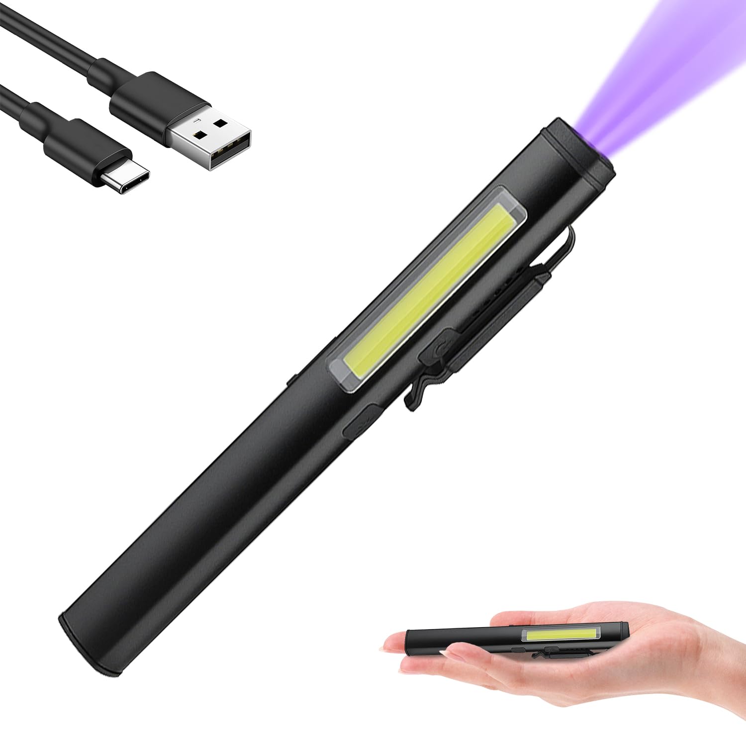 Yalanme LED ペンライト ワークライト led作業灯 COB UV 3WAY点灯 UV懐中電灯 USB充電式 マグネット 紫外線ライト軽量 小型 点検 偽札防止 鉱物 鑑定 蛍光増白剤確認 (ブラック)