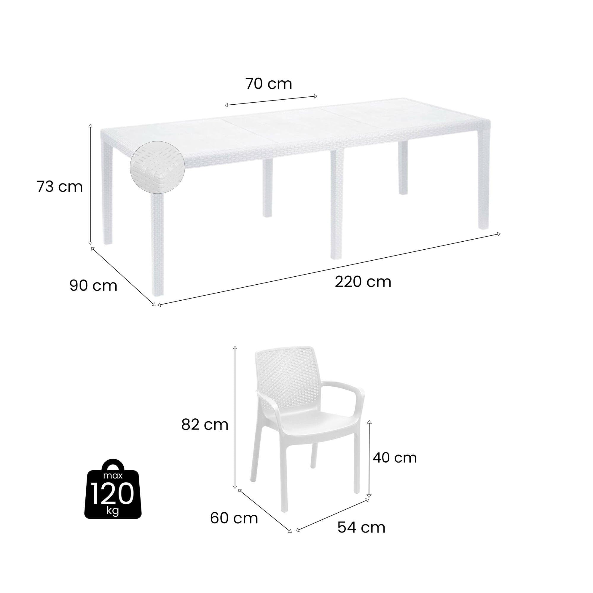 Dmora Set salotto da esterno Manarola, tavolo allungabile con 4 sedie, effetto rattan, Made in Italy, Bianco