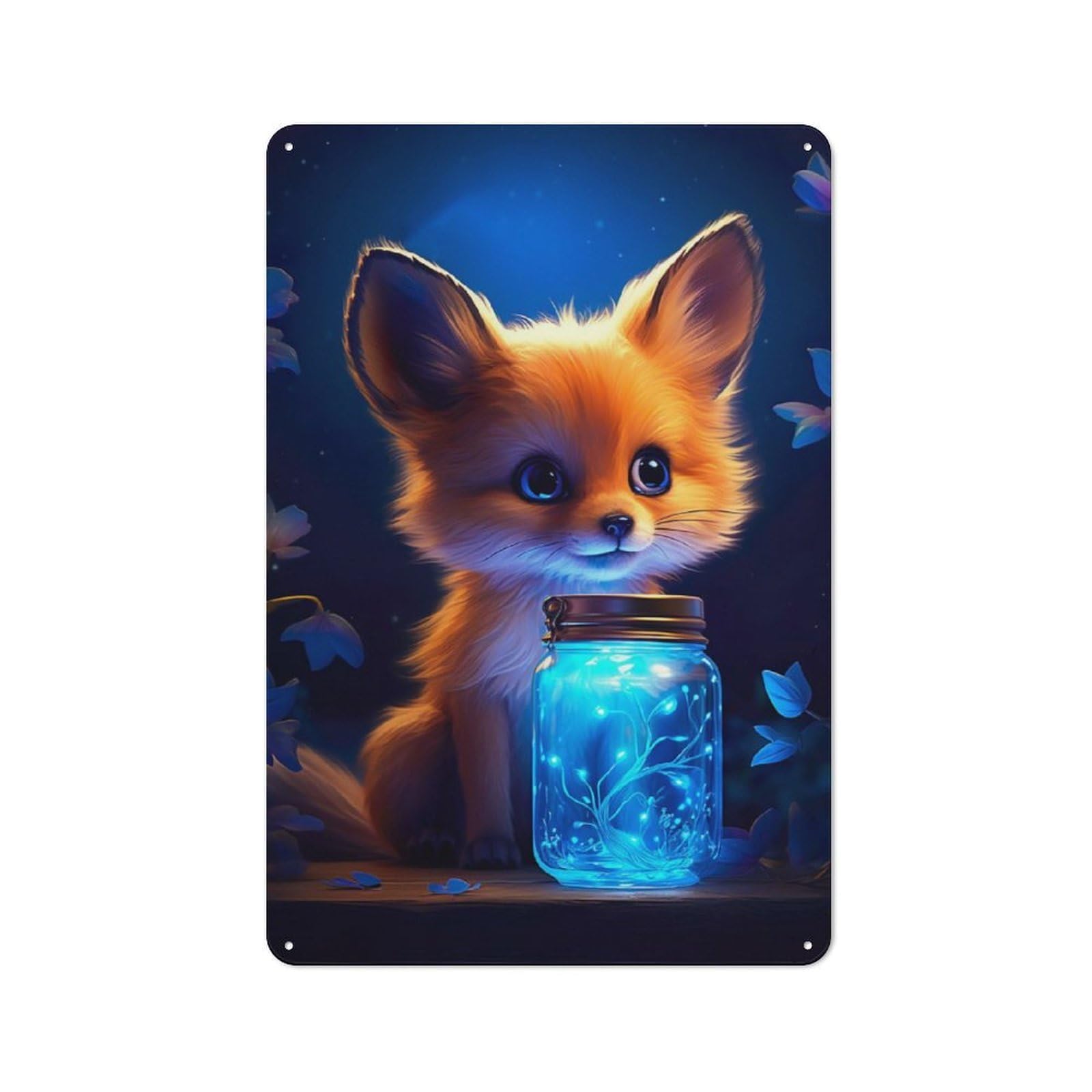Junmoney Cute Fox Luminous Glow Vintage Metal Plaque 30X20cm Featuring For Garage Wall, For People Furnishing A Garage