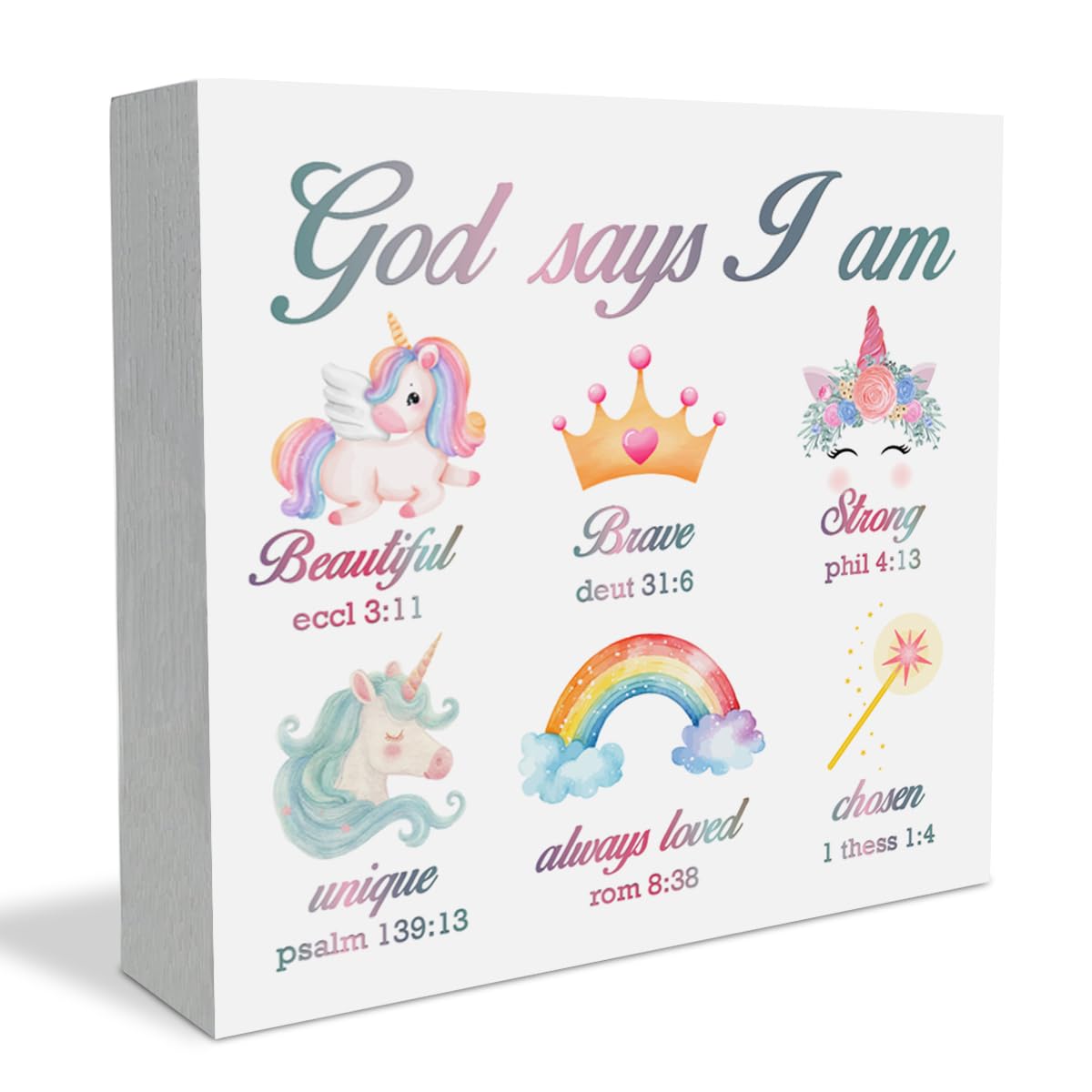 Einhorn-Regenbogen-Mädchen-Raumdekoration, Gott sagt ich am Einhorn, Holz-Schild, inspirierendes, christliches Geschenk für Mädchen, Kinderzimmer, Regal, Schreibtisch, Tisch