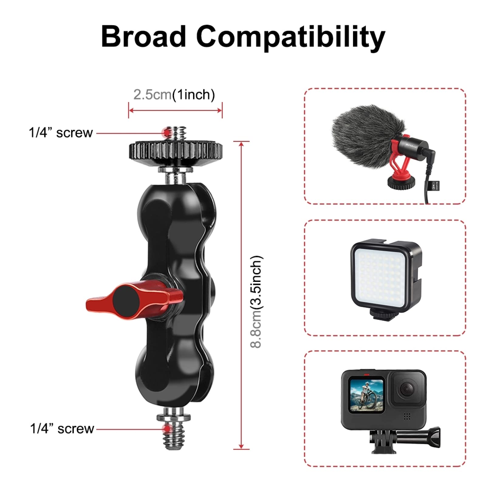 Brazo mágico universal para cámaras DSLR, cabeza de bola doble con adaptador de zapata fría y tornillo de 1/4 pulgadas, construcción de aleación de aluminio