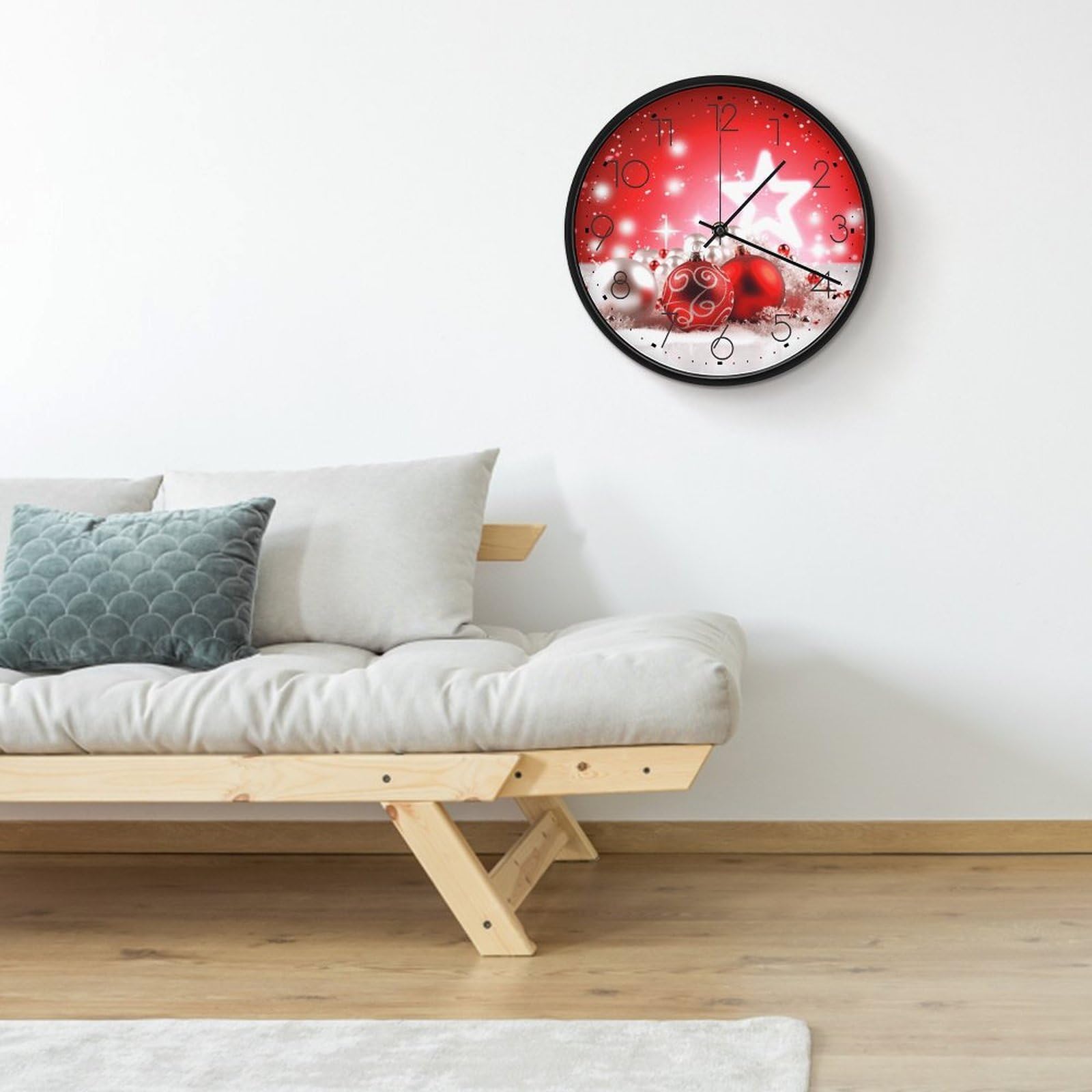 Reloj de pared redondo personalizado con fondo de decoración navideña de 9.8 pulgadas, moderno reloj circular para sala de estar, dormitorio, cocina, oficina, decoración, funciona con pilas