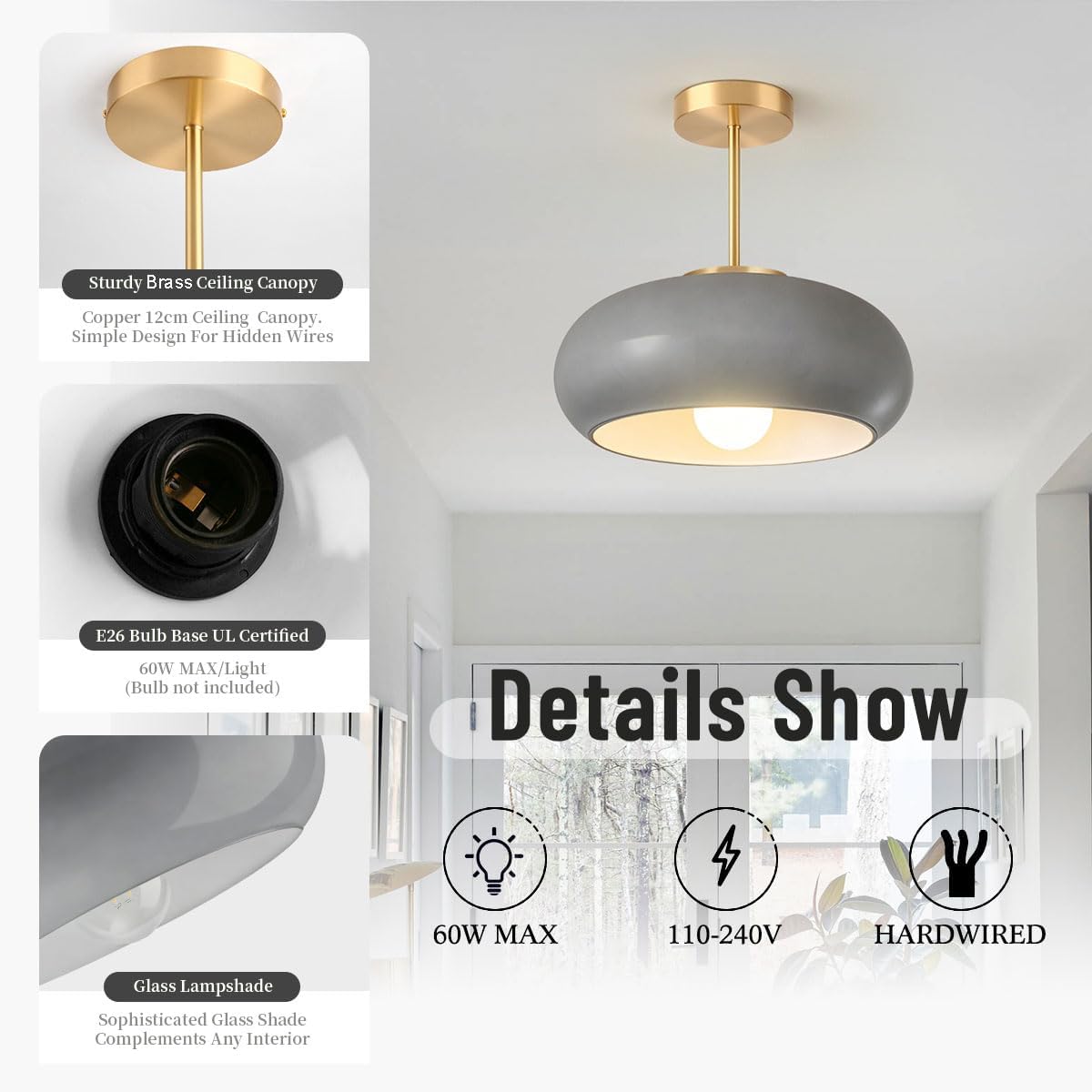 Gray Light Fixture Mid Century Semi Flush Mount Ceiling Light Nursery Close to Ceiling Lights Hallway Gold Semi Flush Mount Lamp Modern Porch Glass Chandeliers Entryway Overhead Light