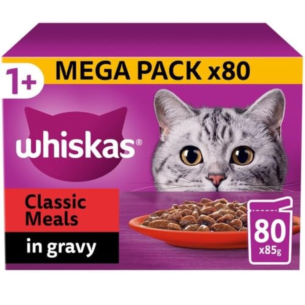 Whiskas 1+ Classic Meals Adult Wet Cat Food Pouches in Gravy 80 ร 85g Pouches (Classic Meaty Meal)