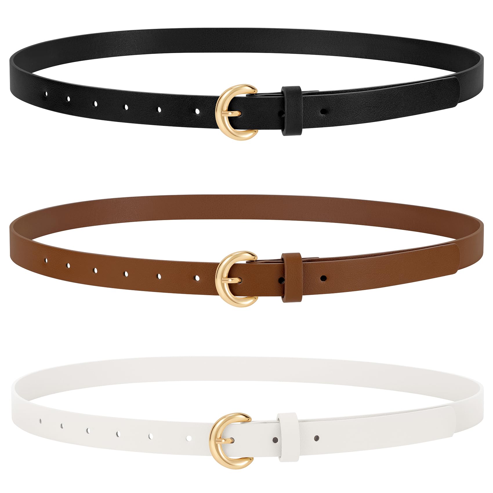 WERFORU 3 Pack Women Skinny Belt Thin Waist Belt for Women Leather Belt with Gold Buckle for Jeans