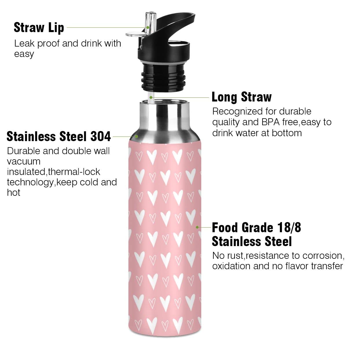 Edelstahl Wasserflasche mit Strohhalm, Herzmuster Isolierte Trinkflasche Sport Wasserflasche für Kinder Erwachsene, auslaufsicher, 1L