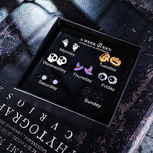 Sllaiss Halloween Earrings 7 Pairs Mixed Halloween Theme Stainless Steel Stud Earrings for Women Skull Spider Ghost Eyeball Pumpkin Earrings3
