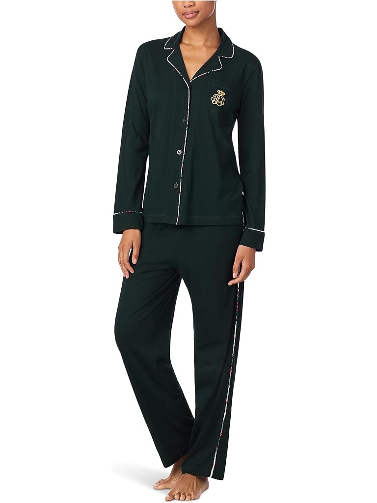 Green Lauren Ralph Lauren Long Sleeve Notch Collar Knit PJ Set